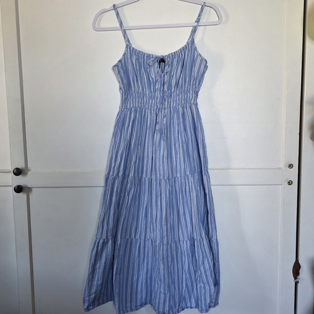 Blue Striped Summer Maxi Dress - Sleeveless Tie Front